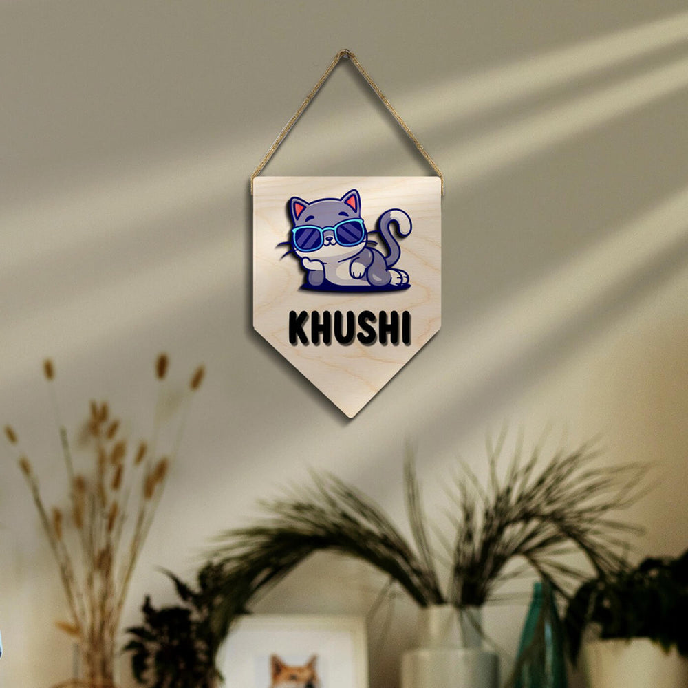 Kids Cat Themed 3D Name Plate - Hanging on Wall with Name Personalization
