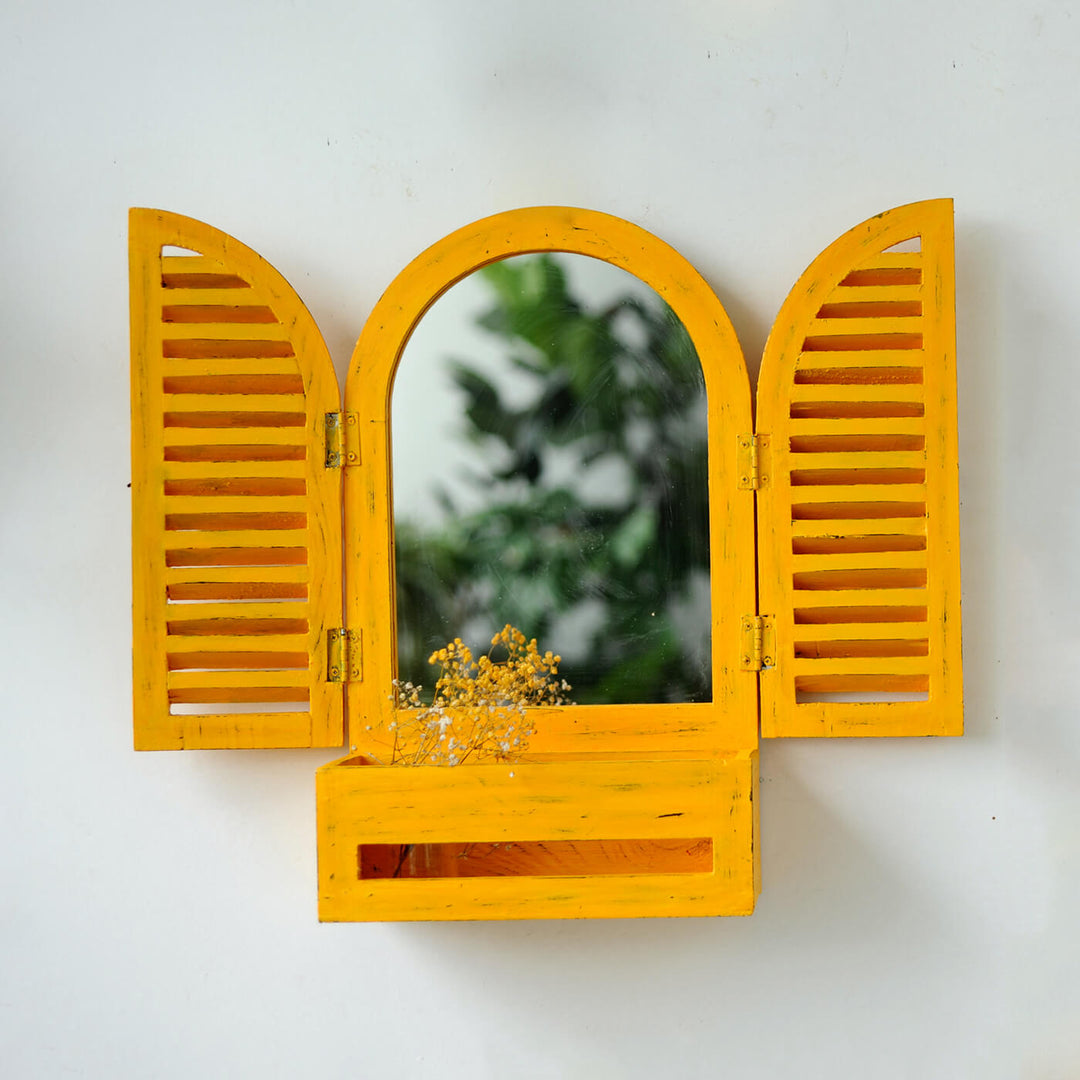 Arched Mini Window Mirror with Basket - Distress Finish