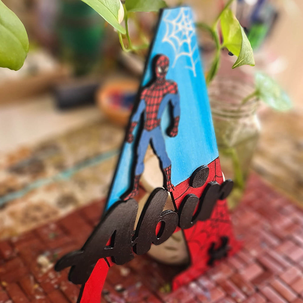 Spiderman Monogram Name Plate For Kids - Angled Close-up Showing Front Design