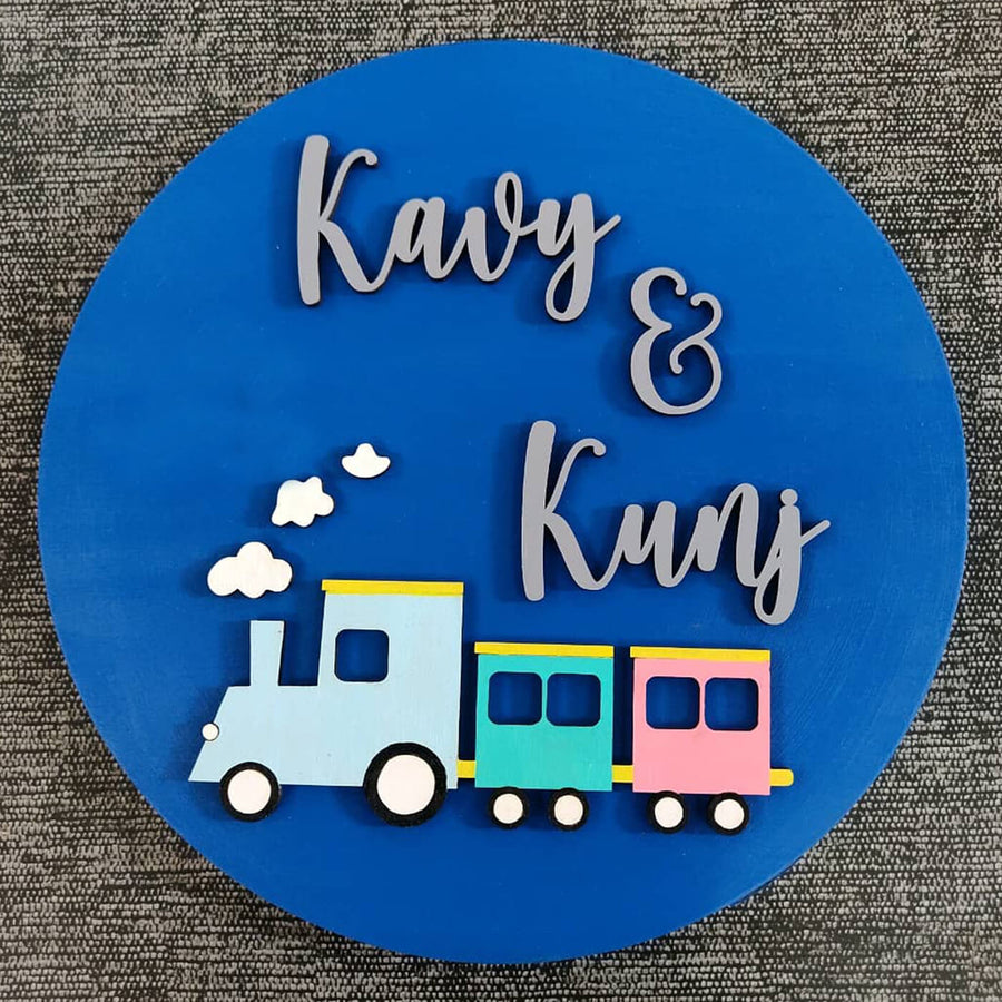 Painted Nameboard For Kids Trains - Flat Lay with Personalized Names and Train