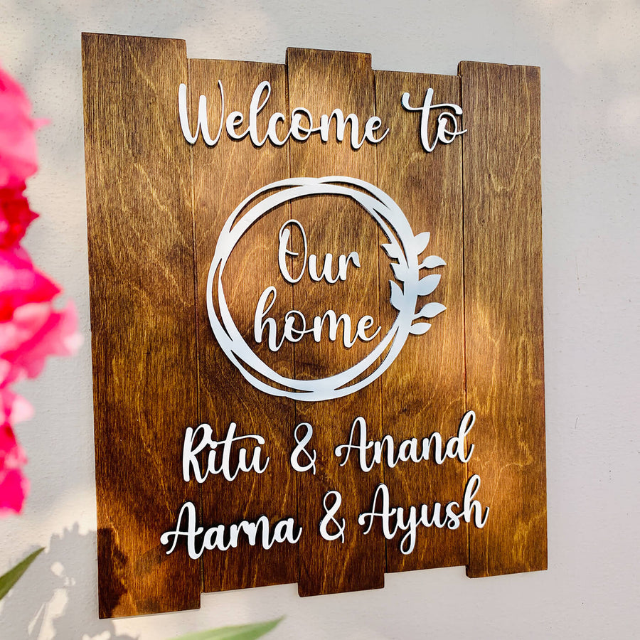 Floral Wreath Name Plate Our Home - Mounted on Wall with Name Personalization