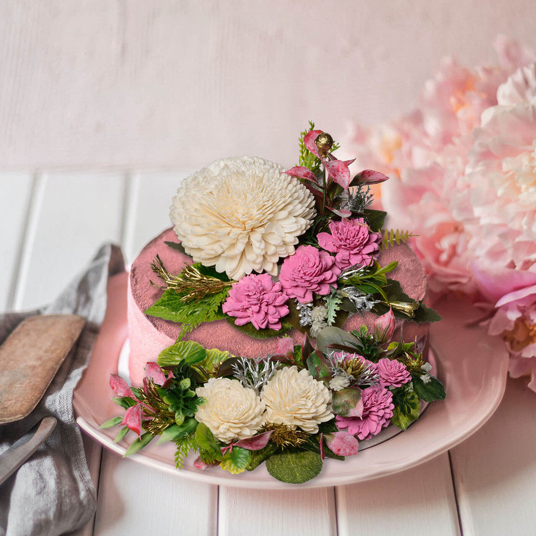 Pink Cake Topper with Sola Wood Floral Arrangement and Sticks