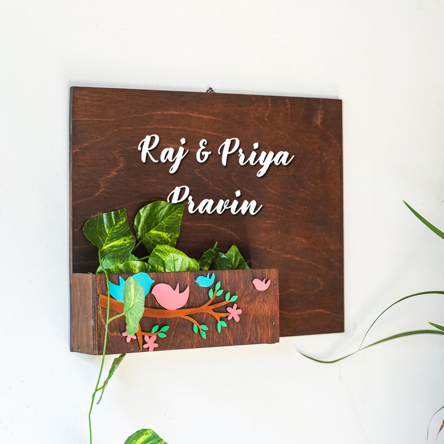 Horizontal Birds Planter Name Plate Four Names - Front View Hanging on Wall