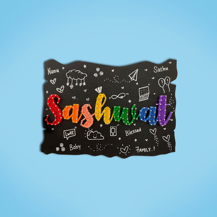 Quirky Rectangular String Art Name Plate - Name Personalization Example with Decorations