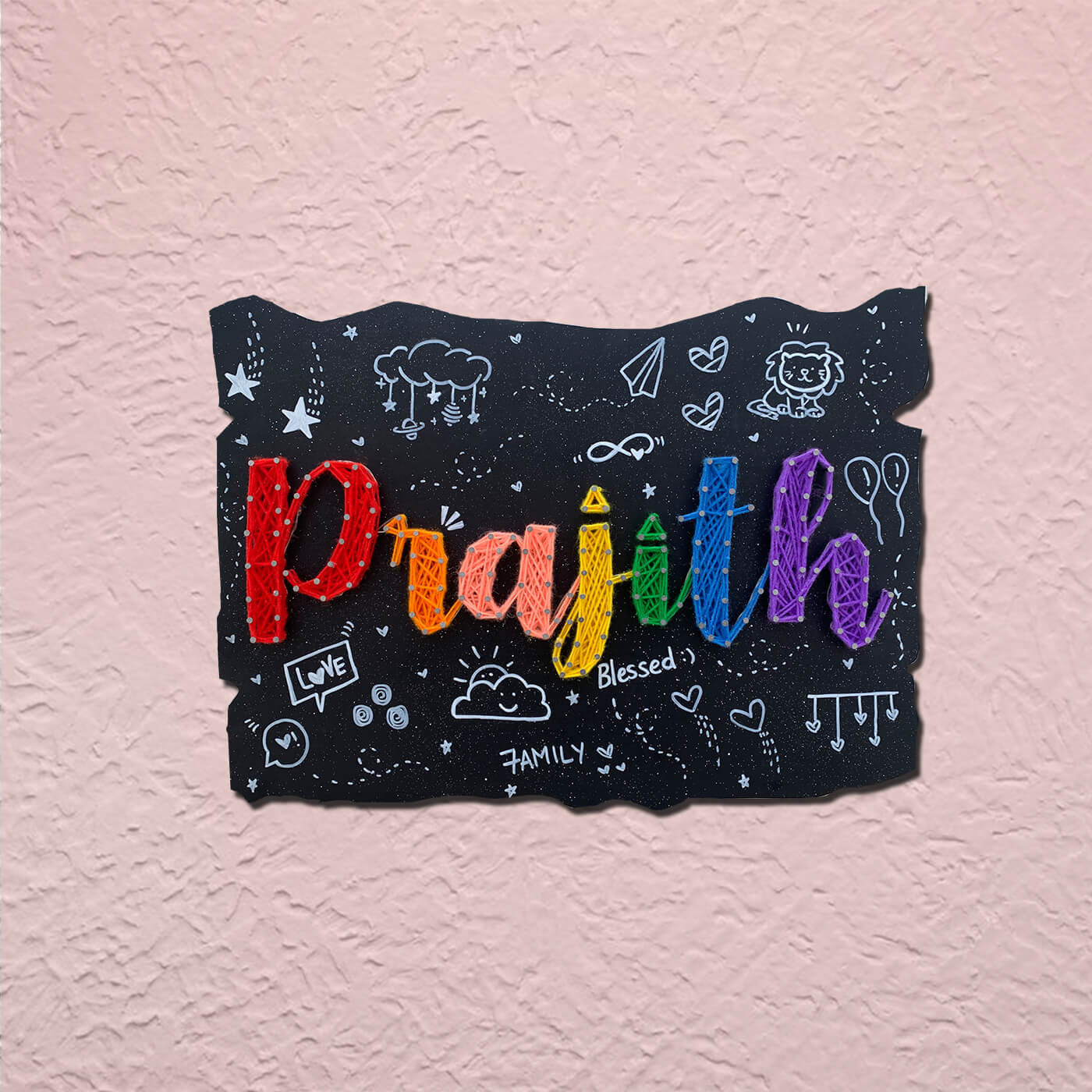 Rectangular String Art Name Board with Doodles Zwende