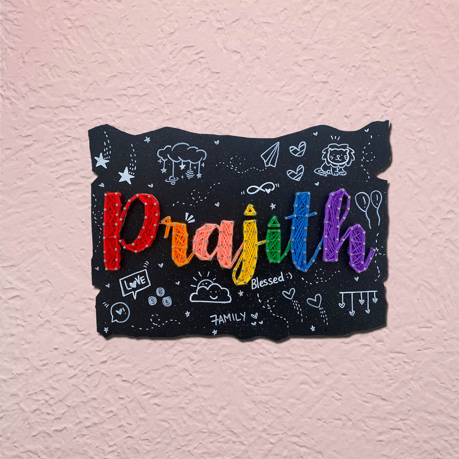 Rectangular String Art Name Plate With Doodles - Front View of Wall Name Sign