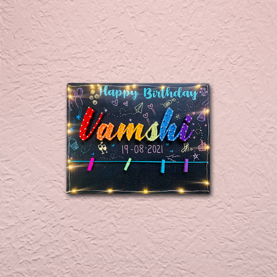 Happy Birthday String Art Name Plate - Mounted on Wall with Lights