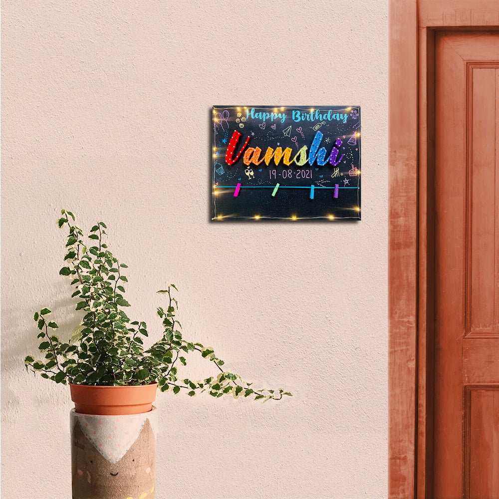 Happy Birthday String Art Name Plate - Mounted on Wall with Lights (2)