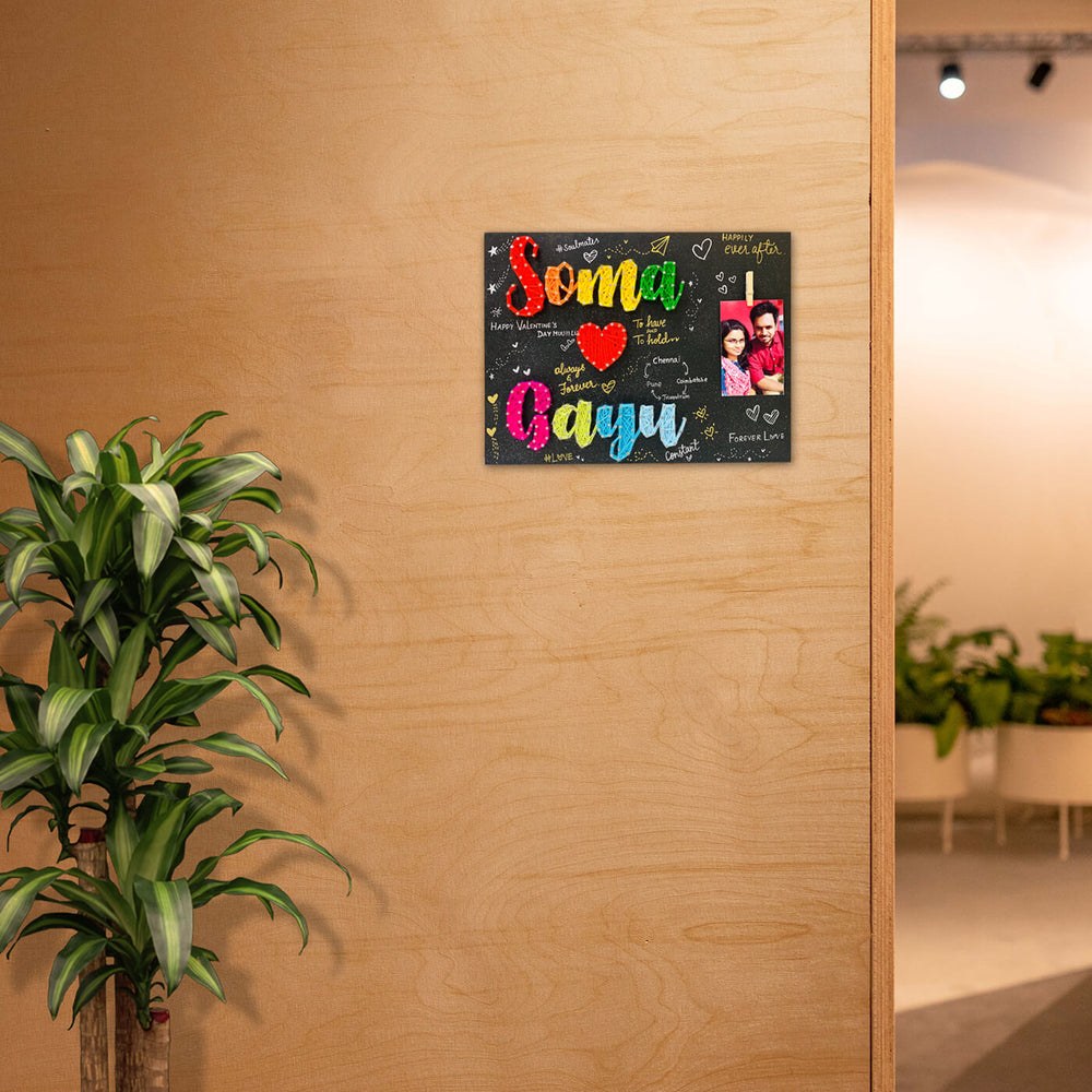 Couple String Art Name Plate With Customized Photo - Mounted on Interior Wall near Plant
