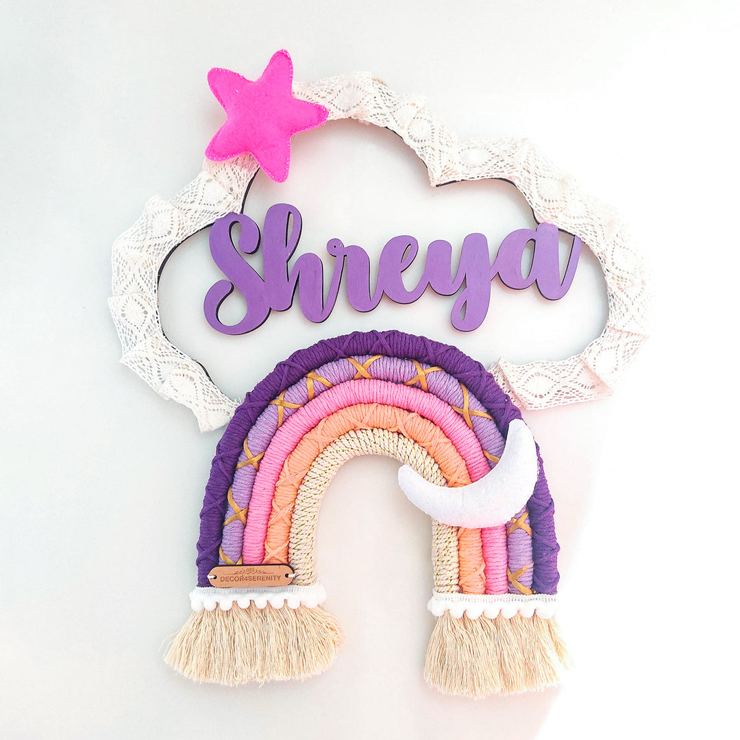 Macrame Cloud Star Personalized Kids Name Plate - Name Personalization with Hanging Decoration