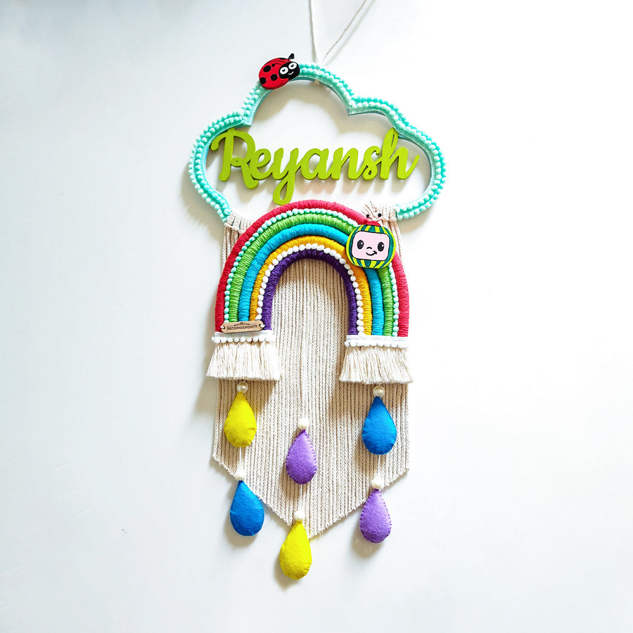 Macrame Cloud Rainbow With Cocomelon Personalized Kids Name Plate - Hanging Display Front View