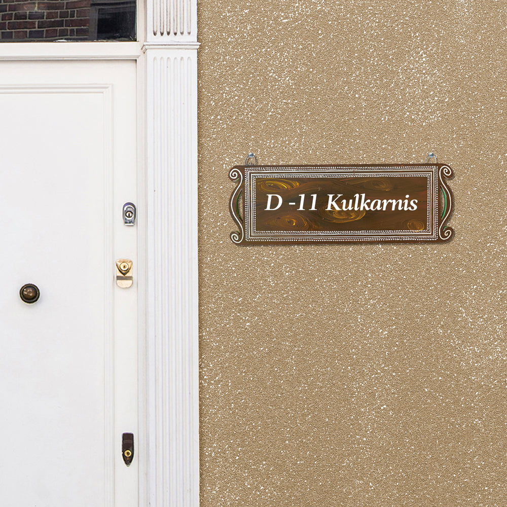Hand Painted Aipan Art Wooden Personalised Rectangular Name Plate 1 - Mounted on Exterior Wall Next to Door