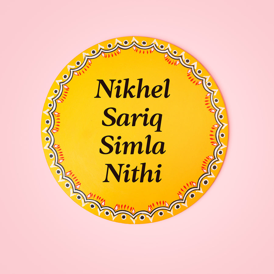 Hand Painted Aipan Art Mdf Personalised Round Name Plate - Top-Down View with Name Personalization
