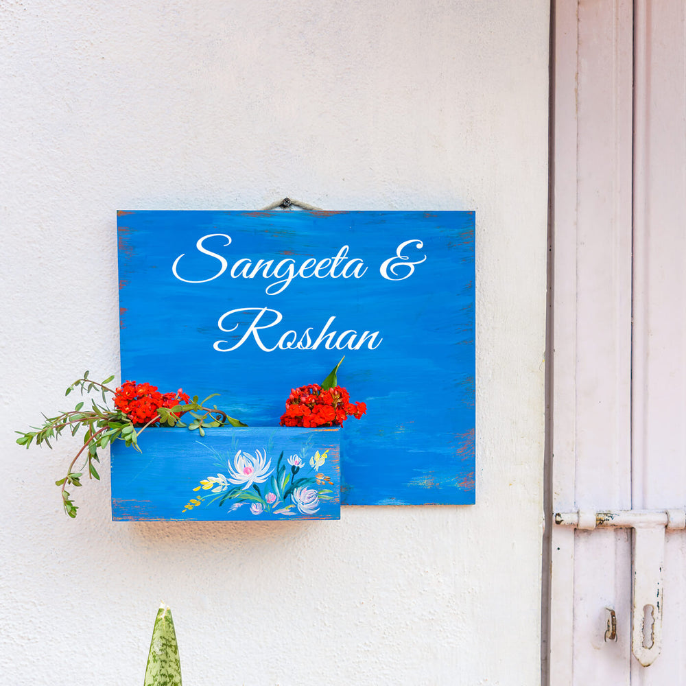 Handpainted Half Planter Name Plate White Flowers On Dark Blue Wood - Mounted on Wall with Planter