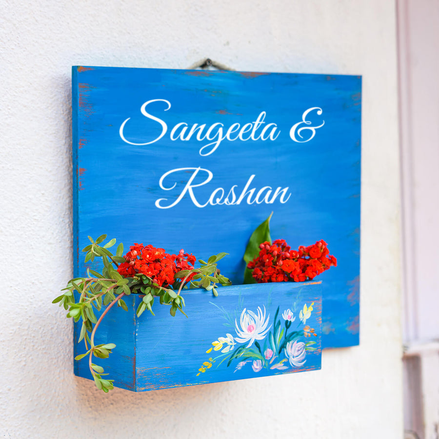 Handpainted Half Planter Name Plate White Flowers On Dark Blue Wood - Mounted on Wall with Plant Holder