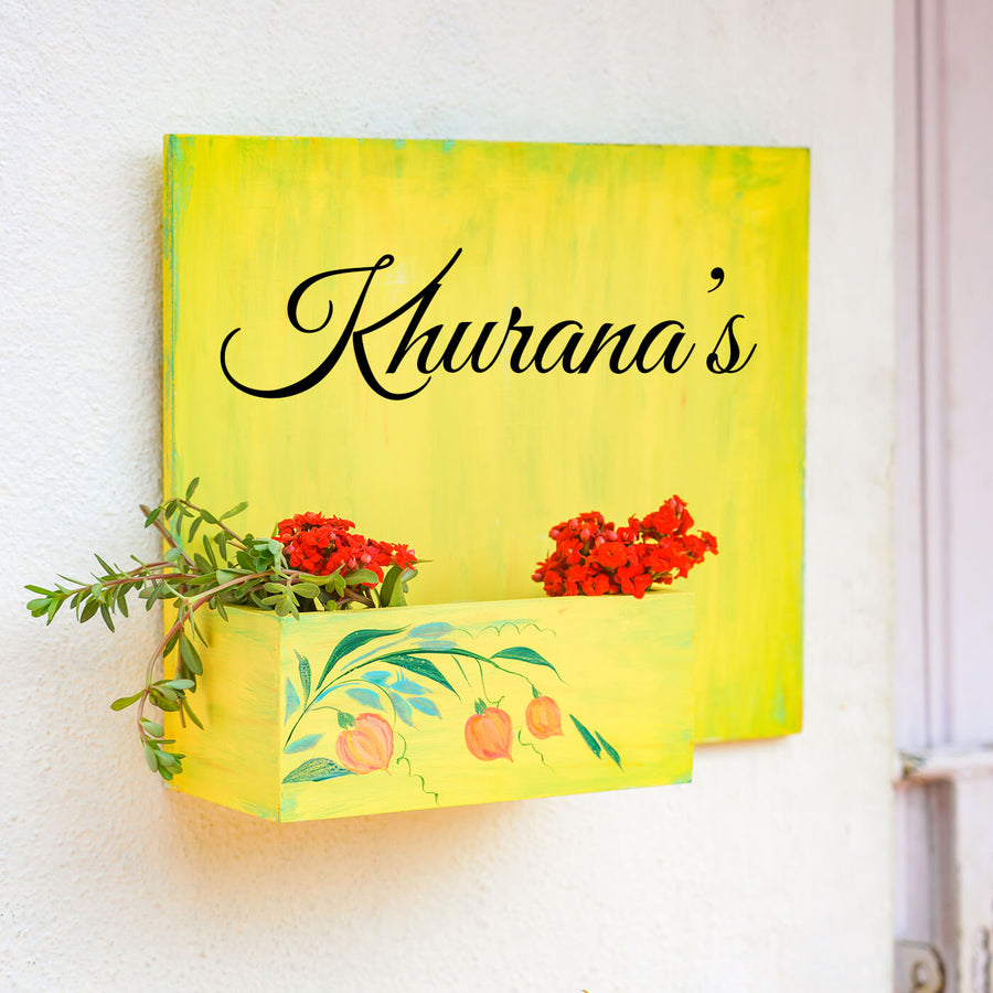 Handpainted Half Planter Name Plate Pink Blue Flora - Mounted on Wall with Planter Box