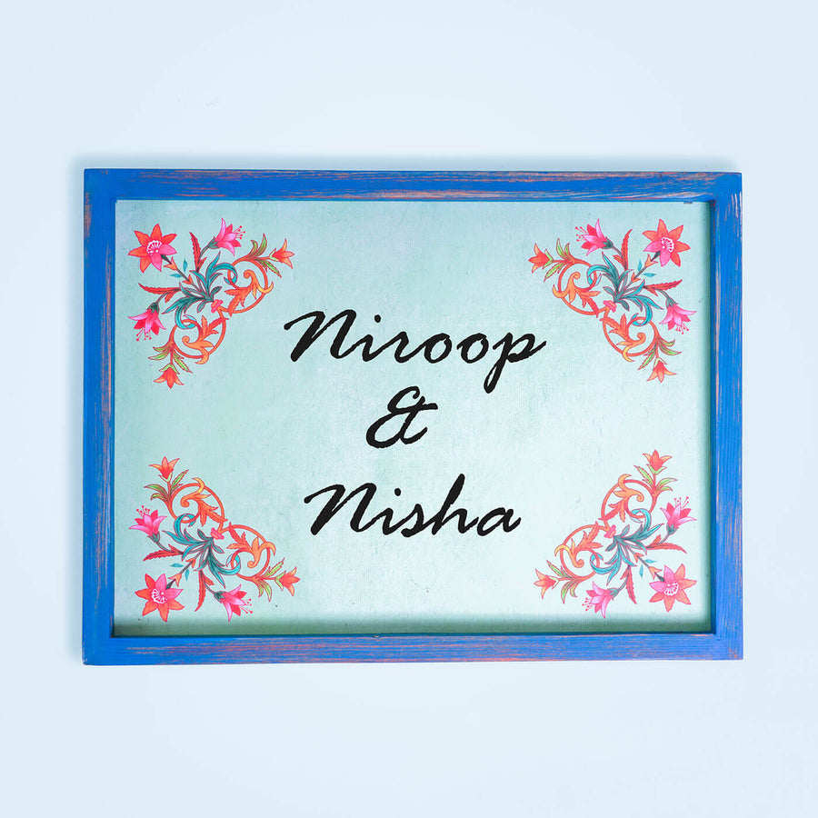 Handcrafted Framed Name Plate Red Flowers - Front View with Name Personalization