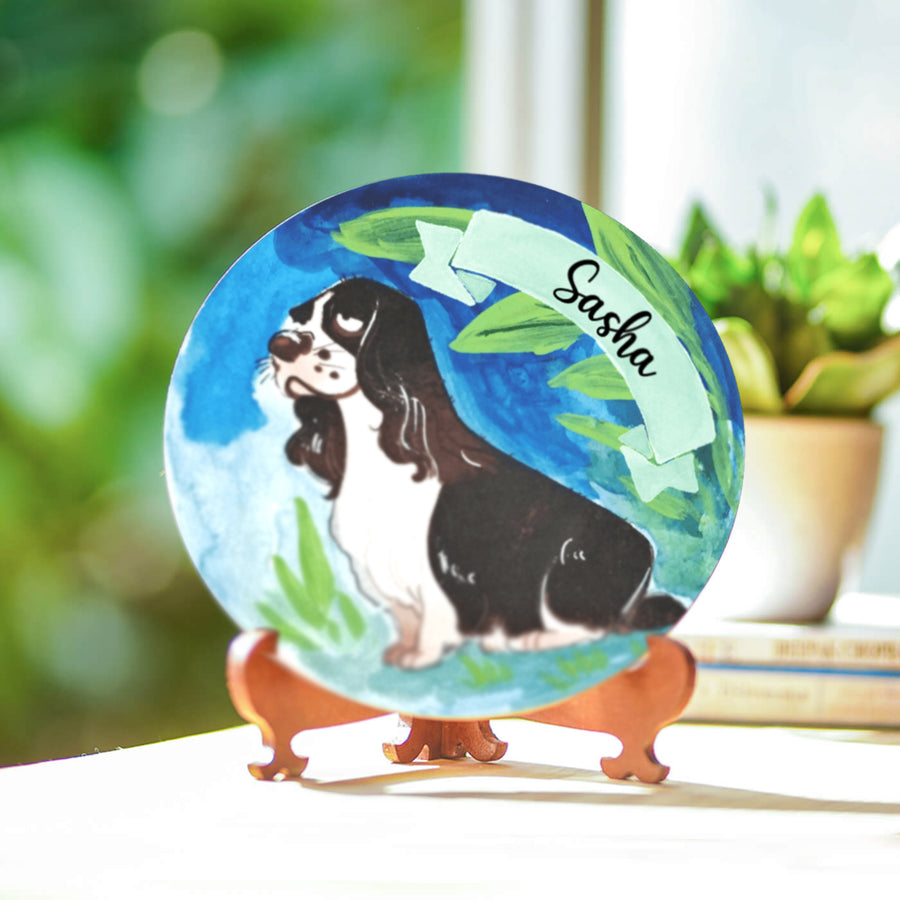 Photo Caricature Nameplate With Stand For Pets 3 - Front View on Wooden Stand