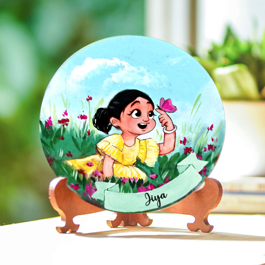 Photo Caricature Nameplate With Stand For Kids 15 - Front View on Wooden Stand