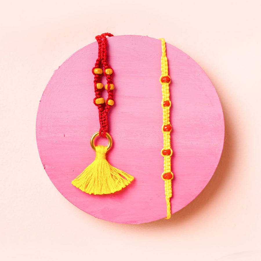 Macrame Cotton Rakhi With Beads Bhaiyya Bhabhi Set - Bracelet Set Flat Lay