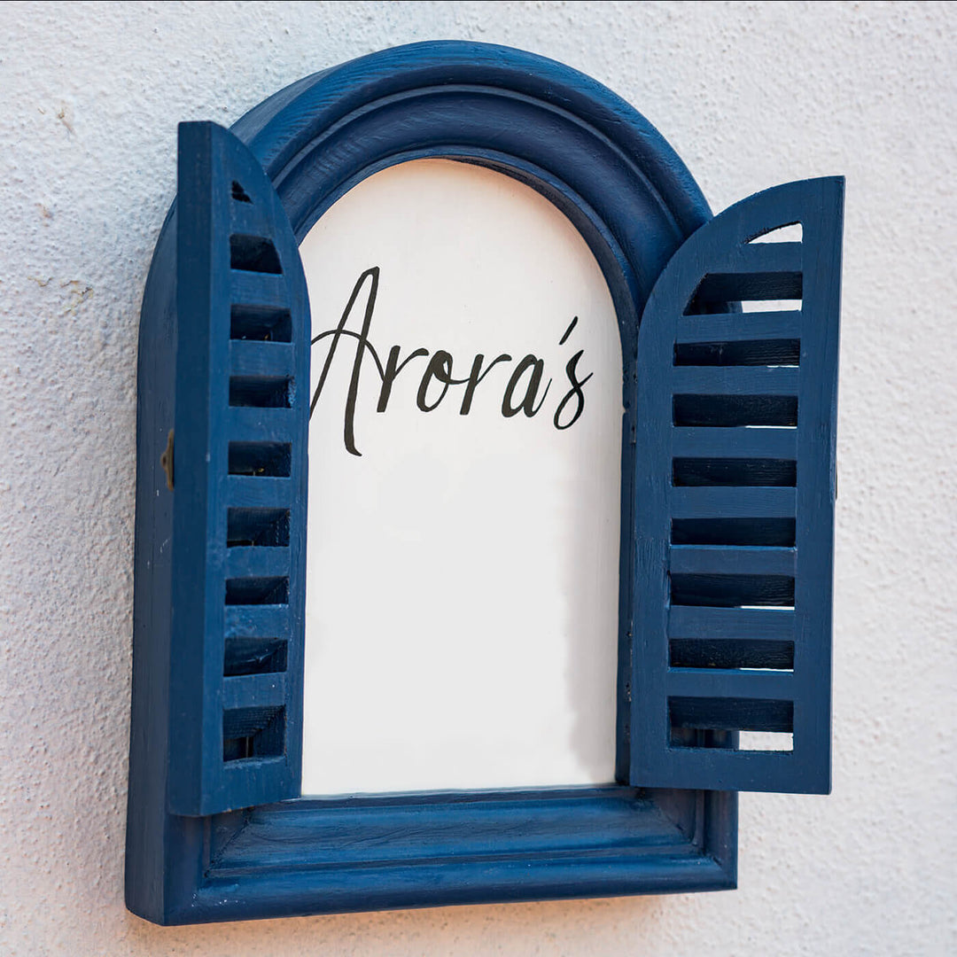 Rustic Window Name Plate Blue - Front View with Open Shutters