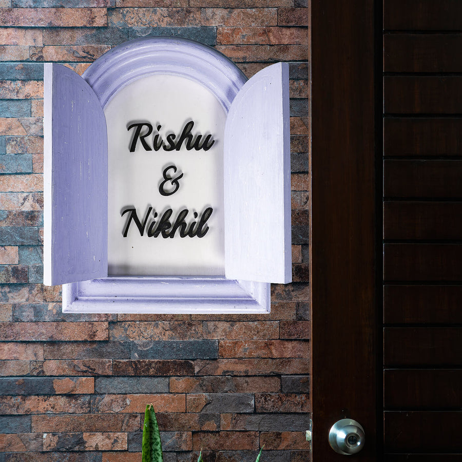 Rustic Window Name Plate Lavender - Mounted on Brick Wall with Doors Open