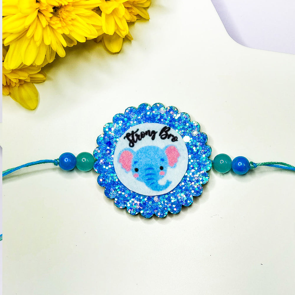 Sparkly Strong Bro Elephant Rakhi - Close-up of Blue Elephant Design