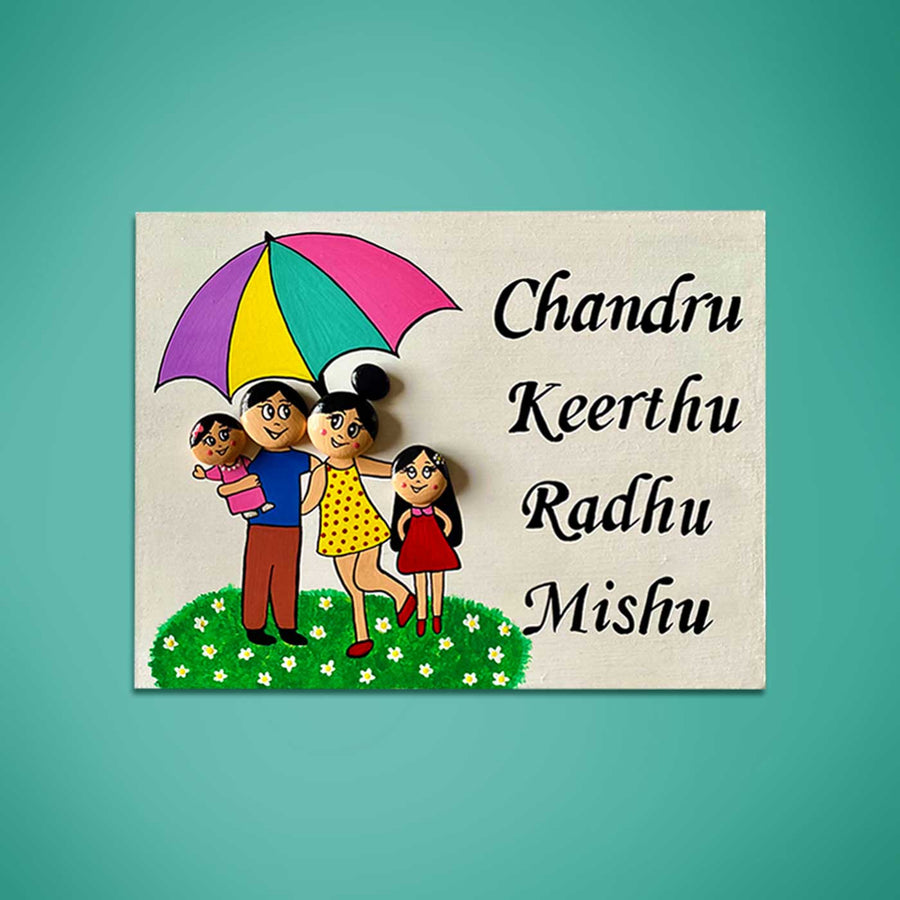 Handpainted Clay Pebble Name Plate For Family 6 - Name Personalization Example with Illustration