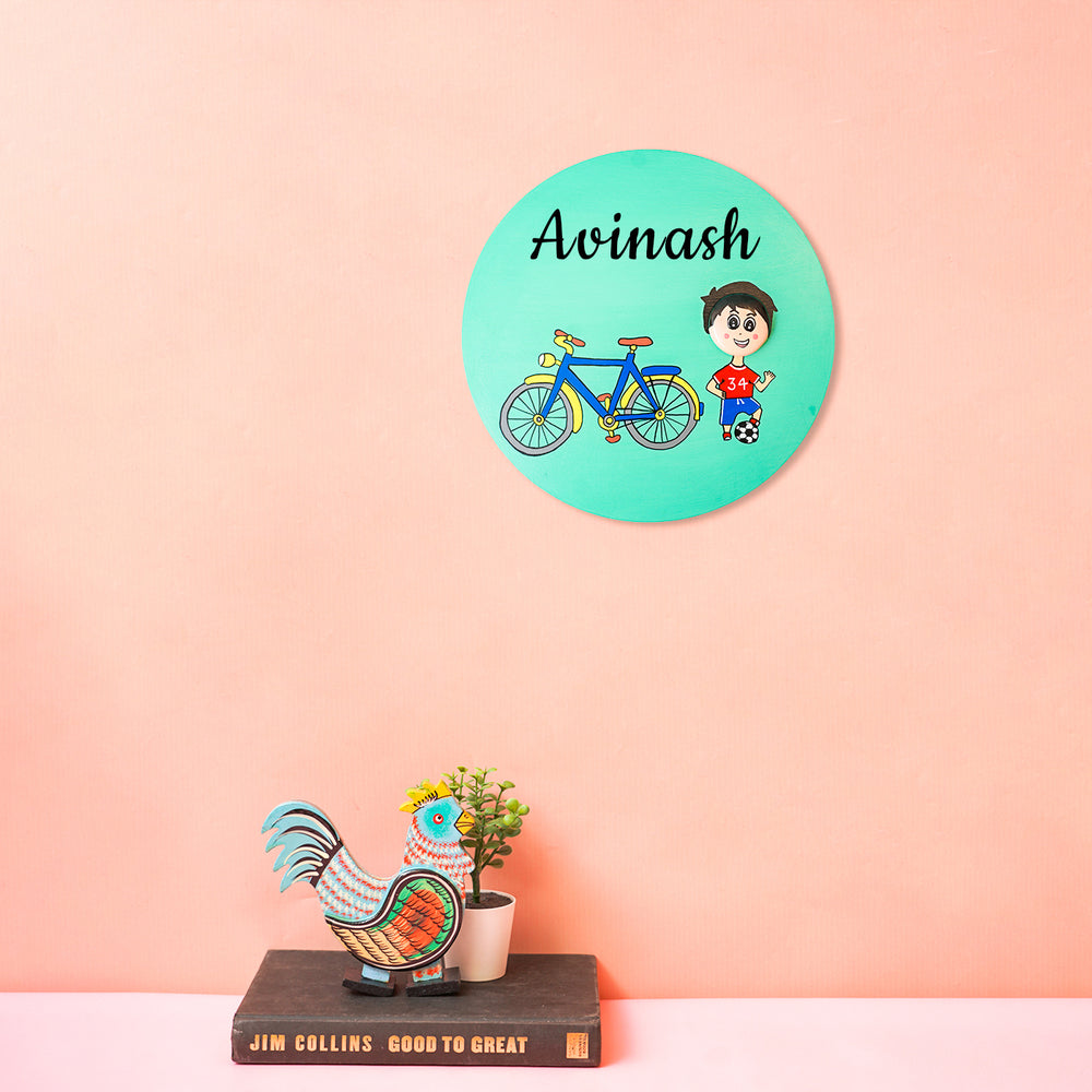 Handmade Clay Pebble Art Bicycle Theme Name Plate For Boys - Mounted on Wall with Name Personalization