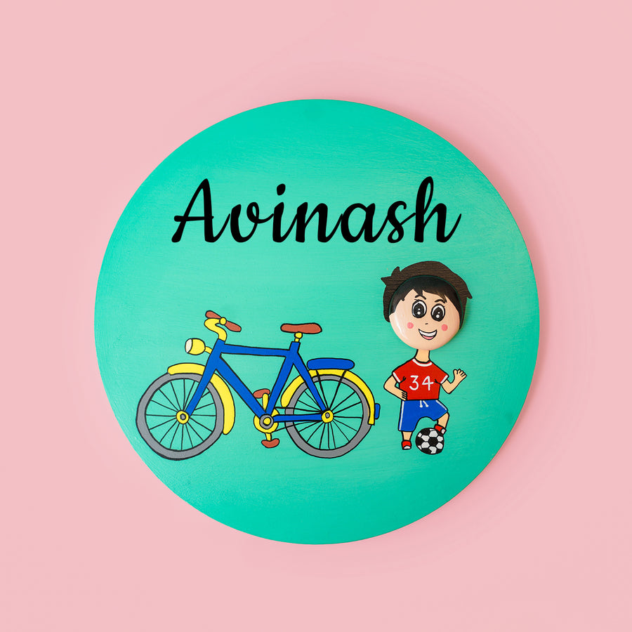 Handmade Clay Pebble Art Bicycle Theme Name Plate For Boys - Name Personalization Example