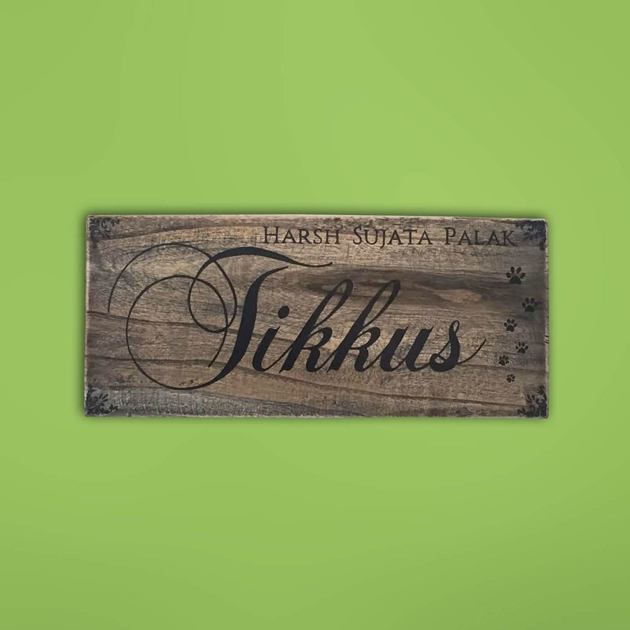 Rustic Wood Hand Painted Couple Name Plate With Paw Marks - Front View with Name Personalization