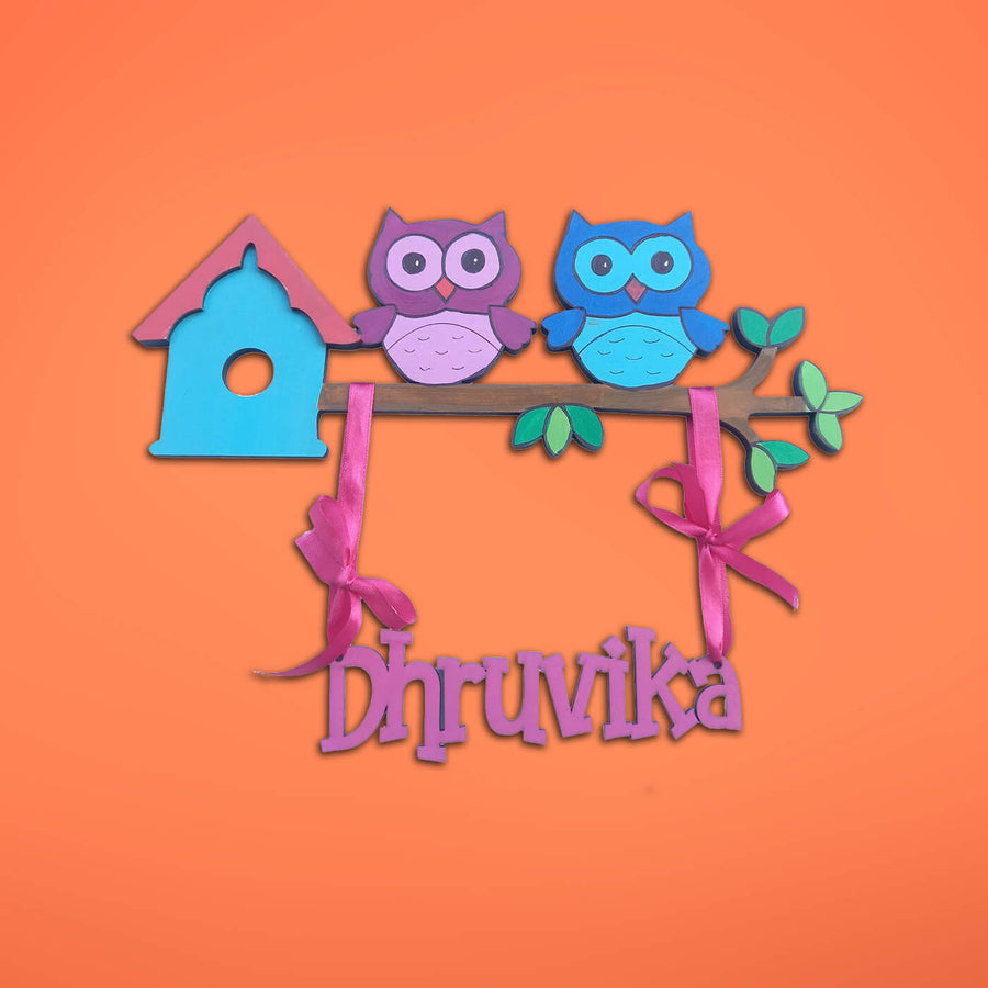 Cute Owl Kids Mdf Name Plate - Front View with Name Personalization