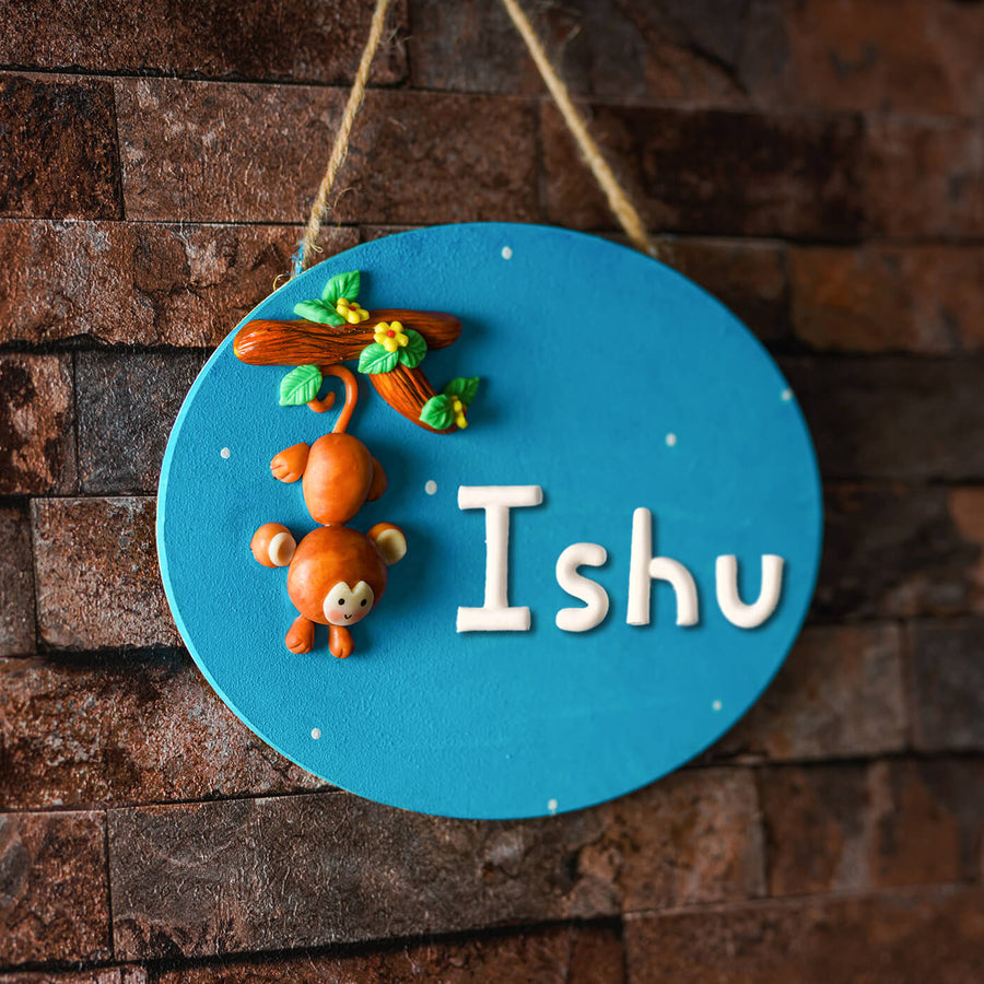 Clay Name Plate For Kids Monkey - Hanging Display with Name Personalization