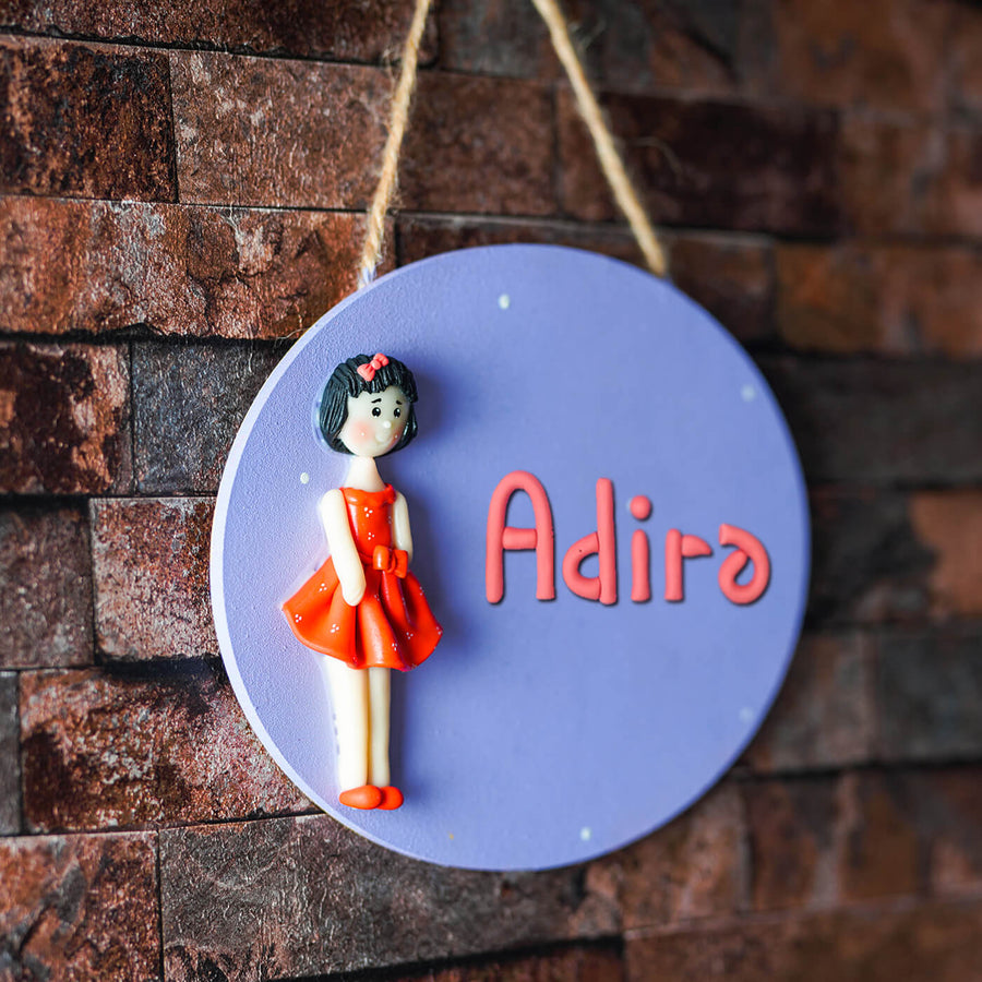 Clay Name Plate For Kids Little Girl - Hanging Front View with Name Personalization
