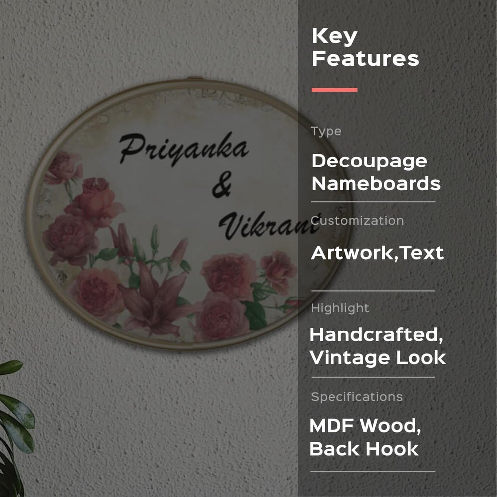Decoupage Oval Couple Name Plate With Flower Artwork - Mounted on Wall with Text Personalization