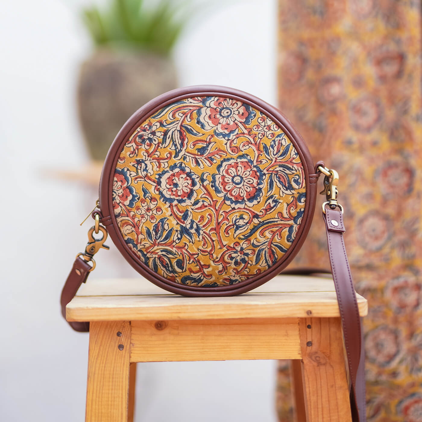 Ajrakh & Faux Leather Round Sling Bag