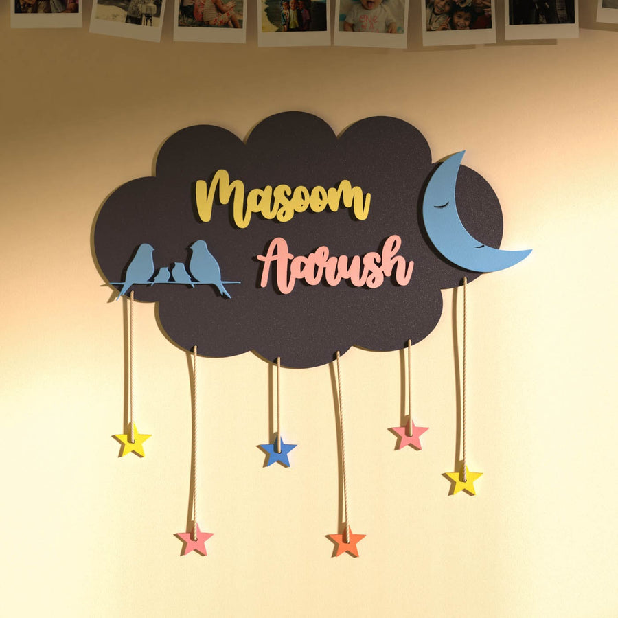 Dark Grey Cloud Name Plate Two Names Multicolour Stars - Wall Hanging Front View with Names