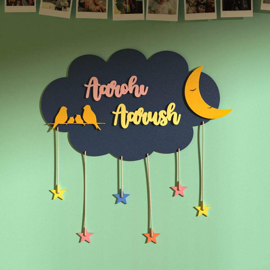 Two Names Navy Blue Cloud Name Plate Multicolour Stars - Mounted on Wall with Hanging Stars