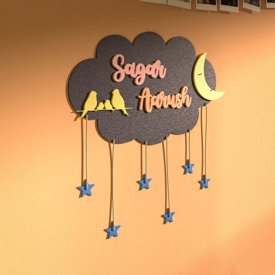 Two Names Dark Grey Cloud Name Plate Blue Stars - Mounted on Wall Showing Hanging Stars