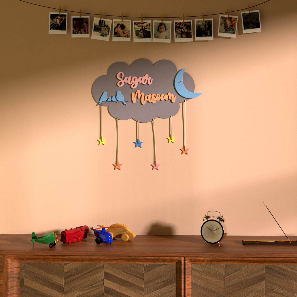 Two Names Purple Cloud Name Plate Multicolour Stars - Mounted on Wall with Hanging Stars