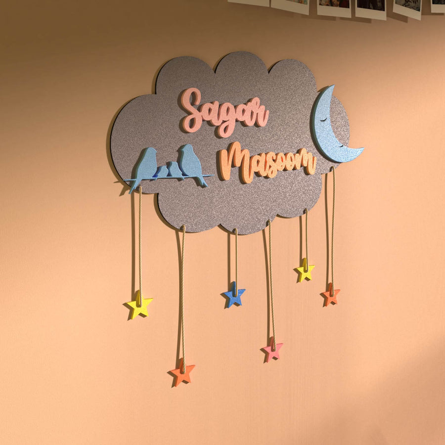 Two Names Purple Cloud Name Plate Multicolour Stars - Side View with Hanging Stars