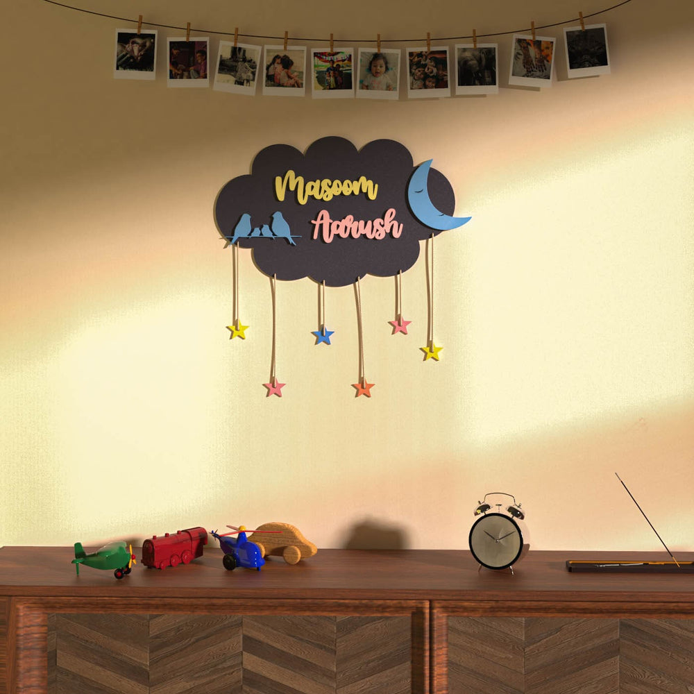 Dark Grey Cloud Name Plate Two Names Multicolour Stars - Mounted on Wall Display