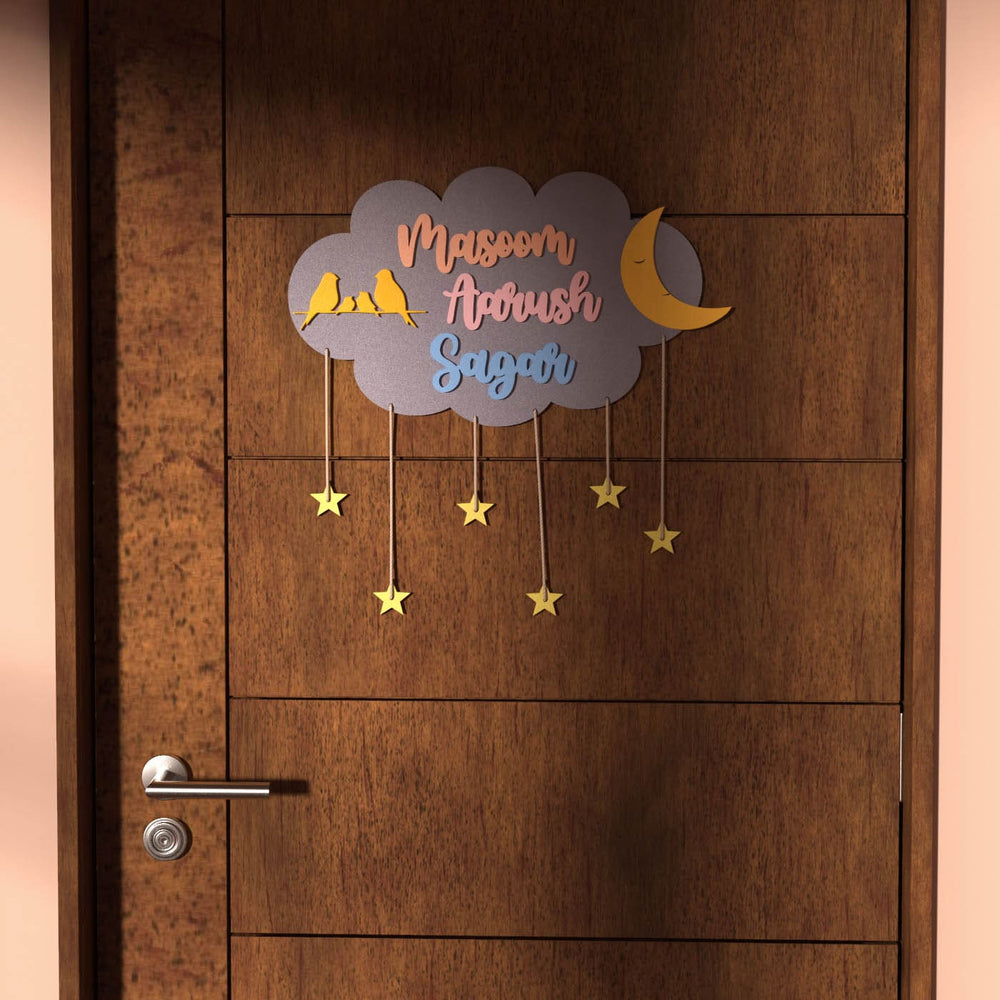 Three Names Purple Cloud Name Plate Yellow Stars - Mounted on Door Front View
