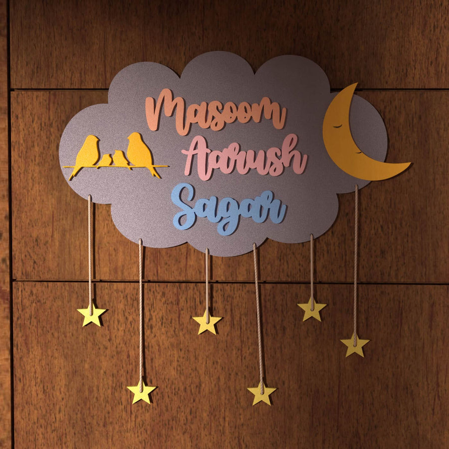 Three Names Purple Cloud Name Plate Yellow Stars - Mounted on Wood Wall Background