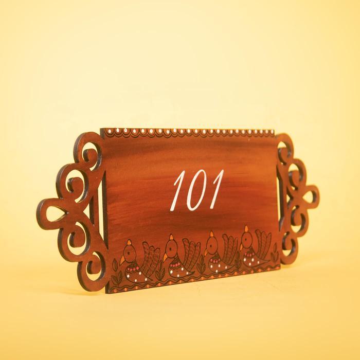 Brown Small Rectangle Name Plate With House Number - Front Perspective Showing Engraving