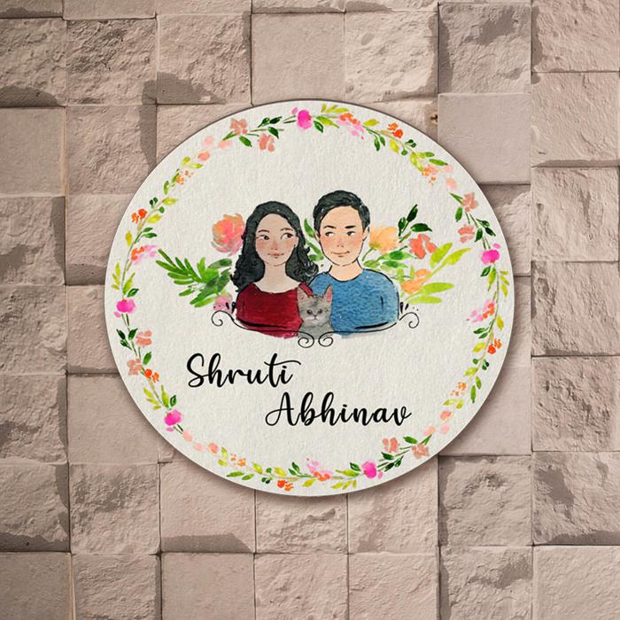 Round Hand Painted Character Name Plate Couple Cat - Mounted on Textured Wall Background