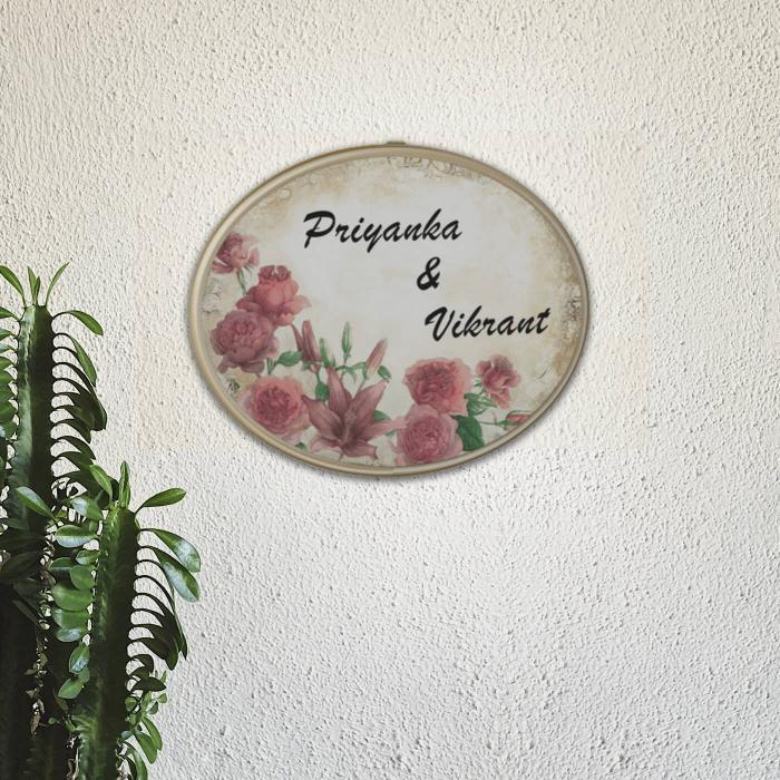Decoupage Oval Couple Name Plate With Flower Artwork - Wall Mounted Personalized Name Plate