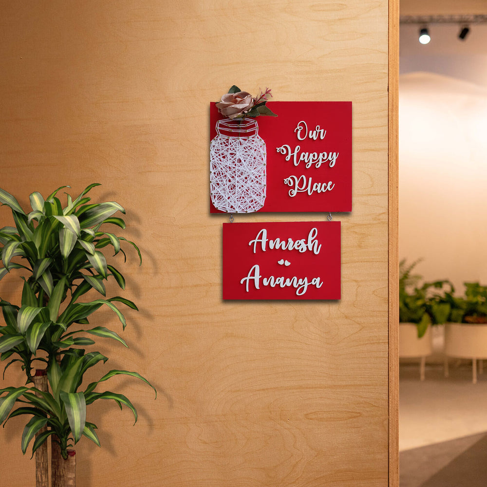 Our Happy Place Mason Jar String Art Personalised Name Plate - Mounted on Wall Display