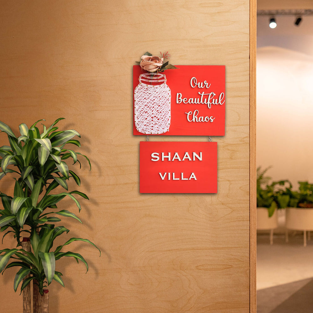 Our Beautiful Chaos Mason Jar String Art Personalised Name Plate - Mounted Signage on Wooden Wall