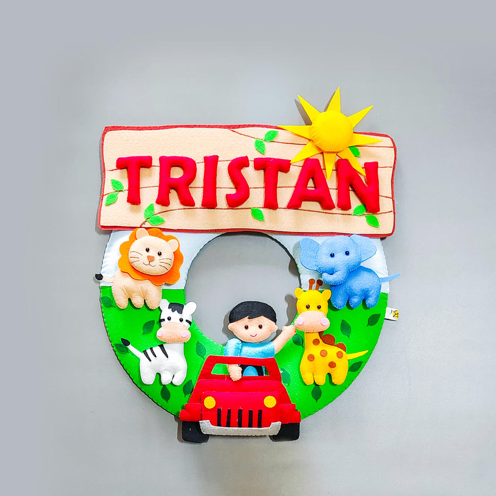 Hand Stitched Jungle Themed Felt Kids Name Hanging - Front View with Personalized Name